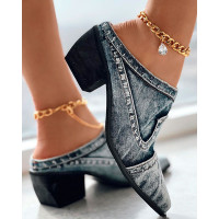 Chunky Heel Denim Mules - blue