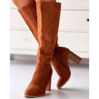 Chunky Heel Side Zip Calf Boots - coffee