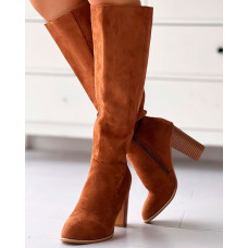 Chunky Heel Side Zip Calf Boots - coffee