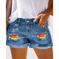 Cinco De Mayo Rainbow Stripe Print Ripped Patchwork Denim Shorts - blue