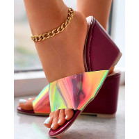 Clear Holographic Strap Square Toe Wedge Slippers - Wine red