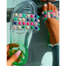 Clear Perspex Colorful Beaded Open Toe Slippers - green