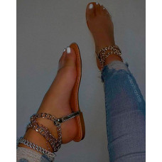 Clear Strap Layered Chain Decor Slippers - brown