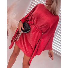 Cloak Sleeve Glitter Party Dress With Belt - red