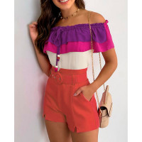 Clorblock Ruffles Drawstring Top & Pocket Design Shorts Set - hot pink