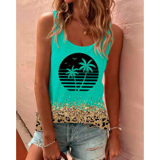 Coconut Tree Contrast Leopard Print Tank Top - turquoise blue