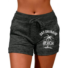 Coconut Tree Letter Landscape Print Drawstring Shorts - Dark grey