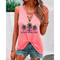 Coconut Tree Letter Print Cutout Tank Top - pink