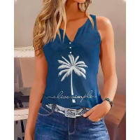 Coconut Tree Letter Print Notch Neck Buttoned Tank Top - blue