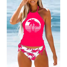 Coconut Tree Print Drawstring Ruched Halter Tankini Set - rose red