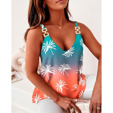 Coconut Tree Print Ombre Chain Strap Tank Top - Multicolor