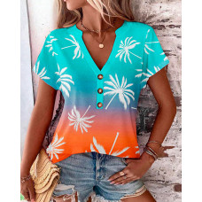 Coconut Tree Print Ombre Notch Neck Casual T-shirt - Multicolor