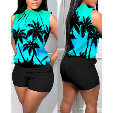 Coconut Tree Print Ruched Tank Top & Pocket Design Shorts Set - turquoise blue