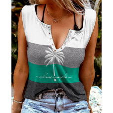 Coconut Tree Print Striped Colorblock Eyelet Casual Tank Top - Multicolor