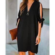 Cold Shoulder Beaded Casual Dress - black