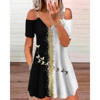 Cold Shoulder Butterfly Print Colorblock Casual Dress - white