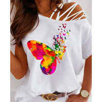 Cold Shoulder Butterfly Print T-shirt - white