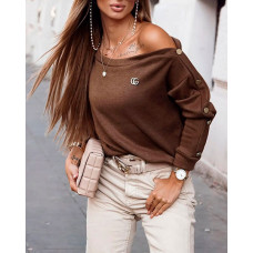 Cold Shoulder Button Decor Top - coffee