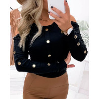 Cold Shoulder Buttoned Long Sleeve Top - black