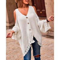 Cold Shoulder Buttoned Loose Knit Cardigan - white