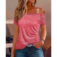 Cold Shoulder Chain Decor Buttoned Top - pink