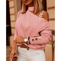 Cold Shoulder Chain Decor Cable Textured Top - pink