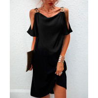 Cold Shoulder Chain Decor Casual Dress - black