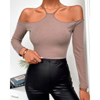 Cold Shoulder Chain Strap Long Sleeve Top - Apricot