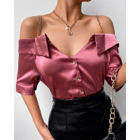 Cold Shoulder Chain Strap Satin Buttoned Top - red