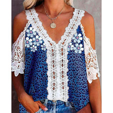 Cold Shoulder Cheetah Floral Print Lace Patch Top - dark blue