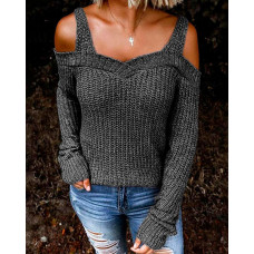 Cold Shoulder Chunky Knit Sweater - Dark grey