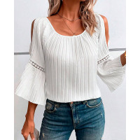 Cold Shoulder Contrast Lace Bell Sleeve Top - white