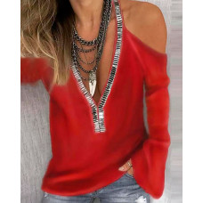 Cold Shoulder Contrast Sequin Top - red