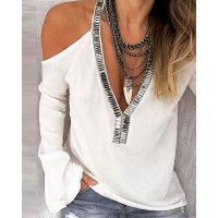 Cold Shoulder Contrast Sequin Top - white