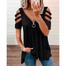 Cold Shoulder Cutout Zip Front Waffle Knit Top - black