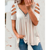 Cold Shoulder Cutout Zip Front Waffle Knit Top - white