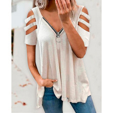 Cold Shoulder Cutout Zip Front Waffle Knit Top - white