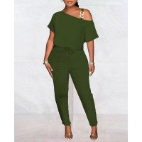 Cold Shoulder Drawstring Chain Decor Jumpsuit - Army green