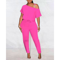 Cold Shoulder Drawstring Chain Decor Jumpsuit - hot pink