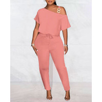 Cold Shoulder Drawstring Chain Decor Jumpsuit - pink