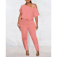 Cold Shoulder Drawstring Chain Decor Jumpsuit - pink