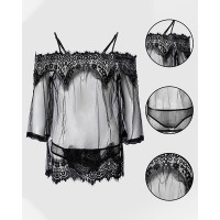 Cold Shoulder Eyelash Lace Sheer Mesh Babydoll - black