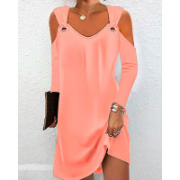 Cold Shoulder Eyelet Casual Dress - pink