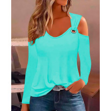 Cold Shoulder Eyelet Casual Top - turquoise blue