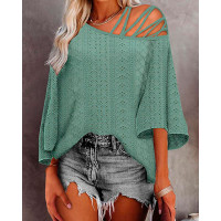 Cold Shoulder Eyelet Embroidery Top - green