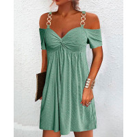 Cold Shoulder Eyelet Embroidery Twisted Casual Dress - green