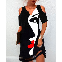 Cold Shoulder Figure Print Casual Dress - black