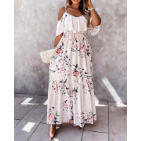 Cold Shoulder Floral Print Ruffles Maxi Dress - Apricot