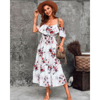 Cold Shoulder Floral Print Ruffles Maxi Dress - white