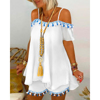 Cold Shoulder Flowy Top & Tassel Design Shorts Set - white